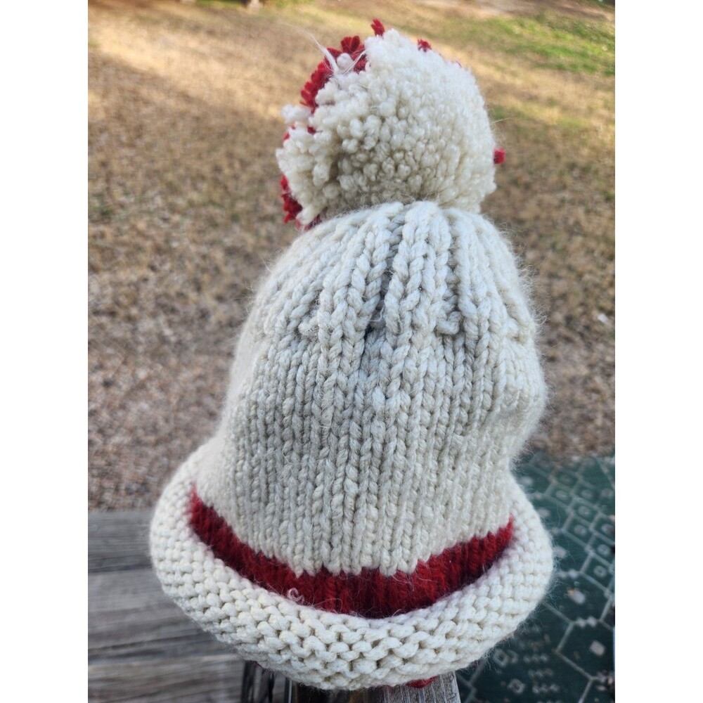Hand Crochet Beanie Hat in Off White and Red. Slouchy Soft Stocking Cap